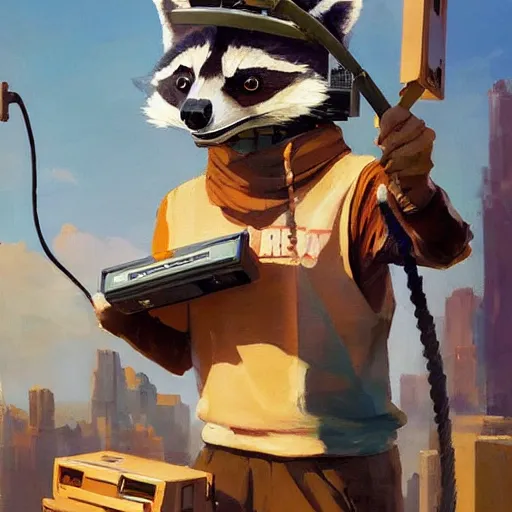 Image similar to greg manchess painting of a trash panda character, holding a box of cables and standing next to old electronic equiptment, medium shot, asymmetrical, profile picture, organic painting, sunny day, matte painting, bold shapes, hard edges, street art, trending on artstation, by huang guangjian and gil elvgren and sachin teng