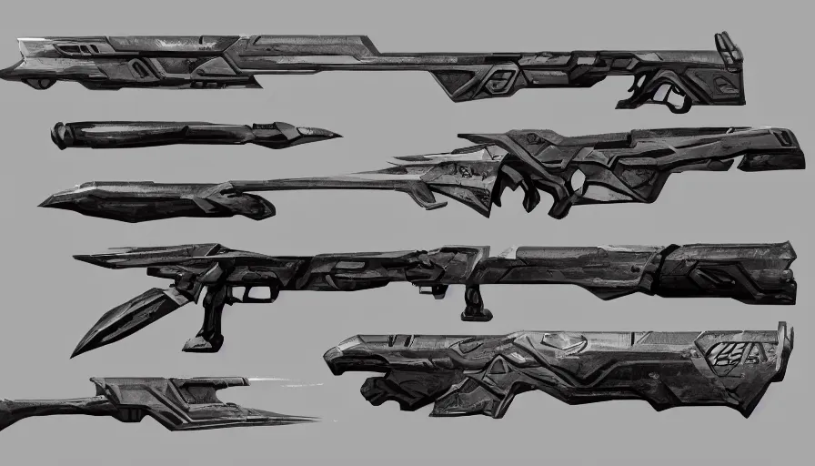 Image similar to weapon design by jama jurabaev, trending on artstation, high quality, brush stroke, for aaa game