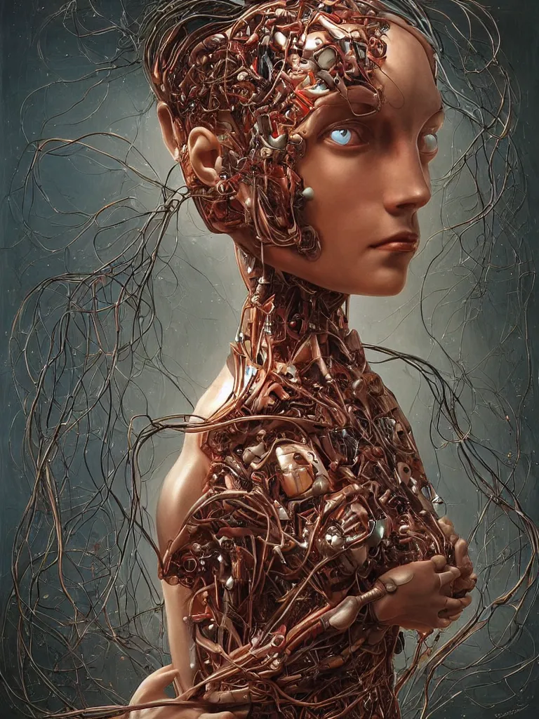 Image similar to portrait of a beautiful female android robot holding a realistic anatomical heart in her hands and crying, there are wires coming from her heart, tangled and entwined with her long flowing hair, mecha, biopunk, painting by James C. Christensen, by tomasz alen kopera