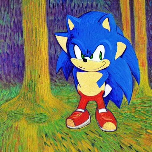 Prompt: sad painting of detailed sonic the hedgehog in the woods at night, in the style of studio ghibli and moebius and claude monet and edward hopper and vincent van gogh