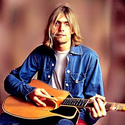 Prompt: photo of kurt cobain playing acoustic guitar, album cover