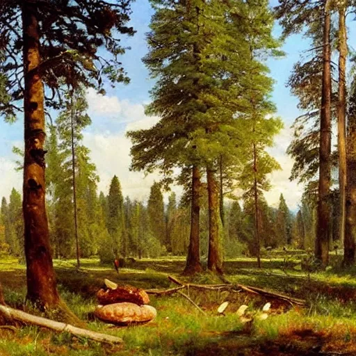 Image similar to Ivan Shishkin painting of a beautiful burger at forest, beautiful lighting, sunny, summer, painting Ivan Shishkin