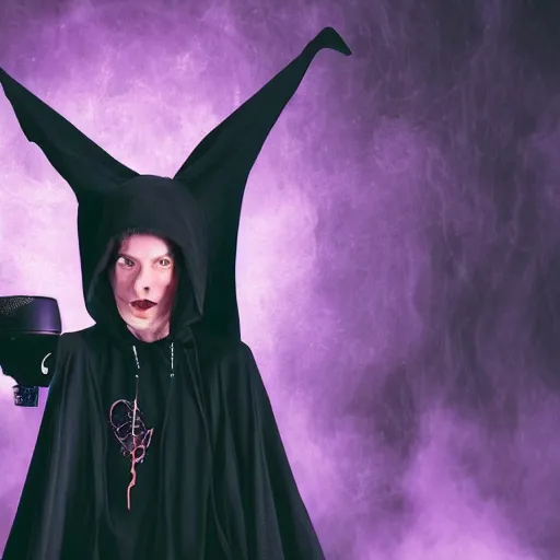 Prompt: a witch wearing a dark hooded cloak on the dj decks