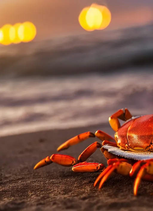 Prompt: a happy crab holding a beer in a beach, golden hour, bokeh, 4k