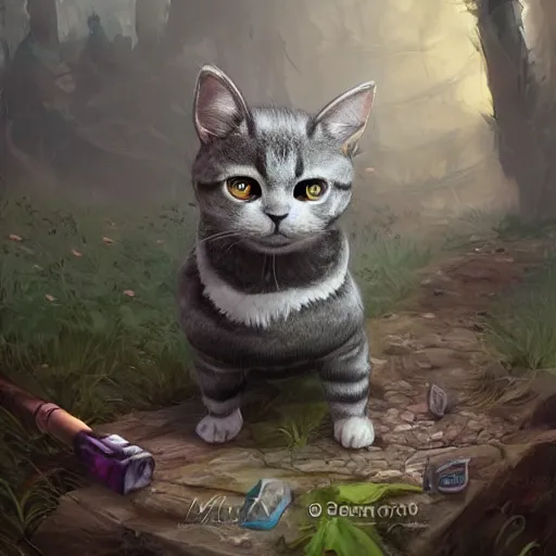 Image similar to portrait of a grey american shorthair cat as teemo from league of legends, digital painting, dystopian forest background by marc simonetti, artwork by ross tran + ramond swanland + liam wong