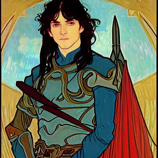 Image similar to portrait painting of young handsome beautiful paladin elf!! man with long! wavy dark hair and blue eyes in his 2 0 s named taehyung minjun james, pale, wearing armor!, gorgeous hair, elf ears, icy eyes, elegant, cute, delicate, soft facial features, art by alphonse mucha, vincent van gogh, egon schiele,