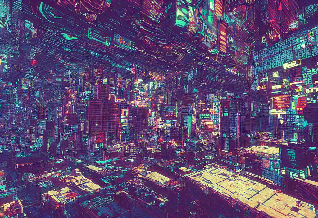 Prompt: pixels cyberpunk walls with distorted clouds, 16 bits videogame, low quality, low contrast, RGB displacement, color gradient, heavy compression filter,
