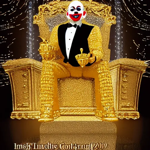 Image similar to shining throne made of millions of diamonds, gold and zaphires with thousands of light reflections, and a clown on a tuxedo suit is sitting on the throne while handing a golden balloon, dramatic light