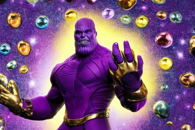 Image similar to multicolor photo of thanos wearing a kitchen mitt by pierre and gilles in 4 k ultra high resolution and with bokeh, with inspiring feeling