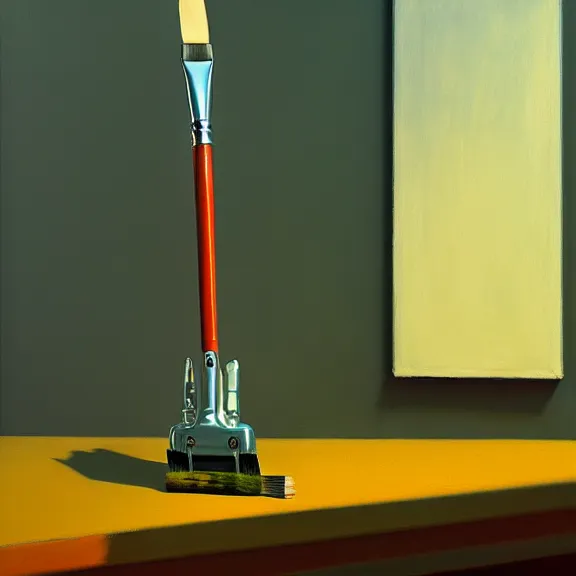 Image similar to beautiful illustration of a robotic arm holding a paintbrush in front of a canvas by Edward Hopper, clean lines, very detailed, colorful octane render