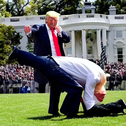 Image similar to donald trump doing a pile driver on joe biden on the white house lawn, wwe style