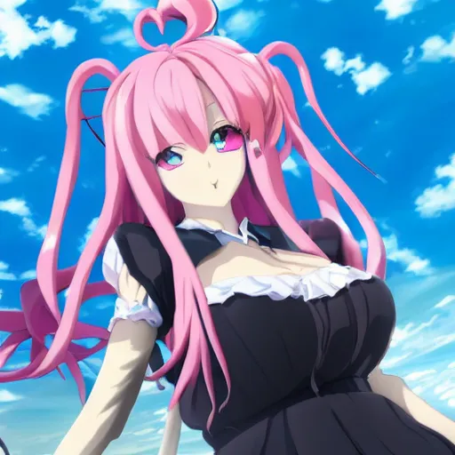 Image similar to stunningly beautiful omnipotent megalomaniacal anime goddess who looks like junko enoshima with symmetrical perfect face and porcelain skin, pink twintail hair and mesmerizing cyan eyes, looking down upon the viewer and taking control while smiling in a mischievous way, mid view from below her feet, hyperdetailed, 2 d anime, 8 k