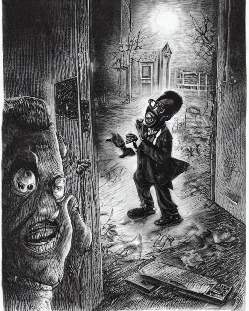 Prompt: steve urkel terrorized by the ghost of carl winslow in a haunted graveyard, creepy, spooky, horror, scary, ink, illustration, stephen gammell