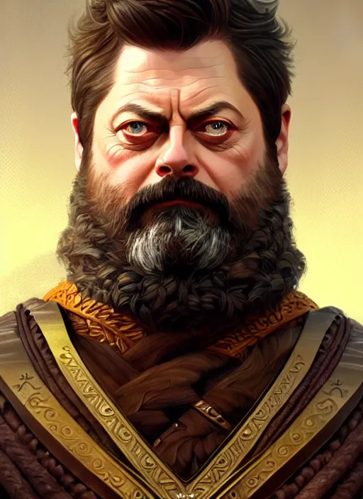 Prompt: portrait of nick offerman as odin, d & d, muscular, fantasy, intricate, elegant, highly detailed, digital painting, artstation, concept art, smooth, sharp focus, illustration, art by artgerm and greg rutkowski and alphonse mucha