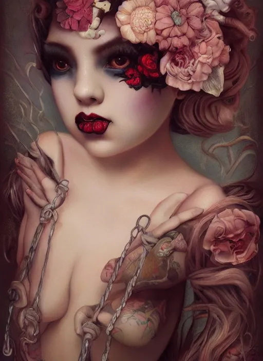 Image similar to pop surrealism, lowbrow art, realistic seductive cute woman painting, body harness, japanese shibari with flowers, hyper realism, muted colours, rococo, natalie shau, loreta lux, tom bagshaw, mark ryden, trevor brown style,