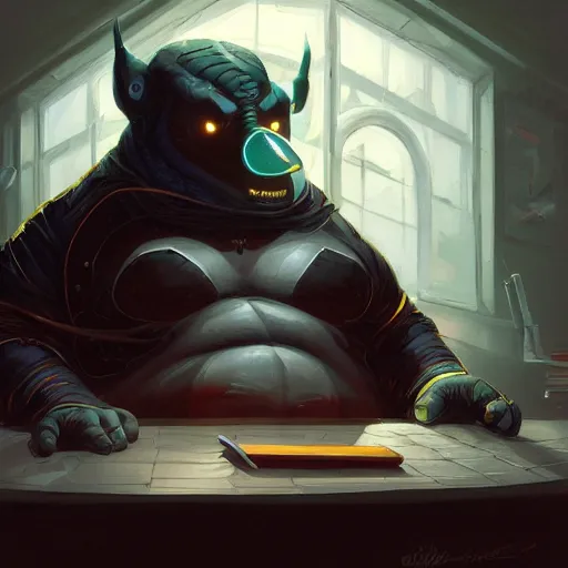 Image similar to a insanely detailed painting of a fat masked superhero wearing a costume sitting at a desk, staring at the nervously at the computer typing, in the style of peter mohrbacher, dramatic lighting and composition, trending on artstation, concept art, comic book