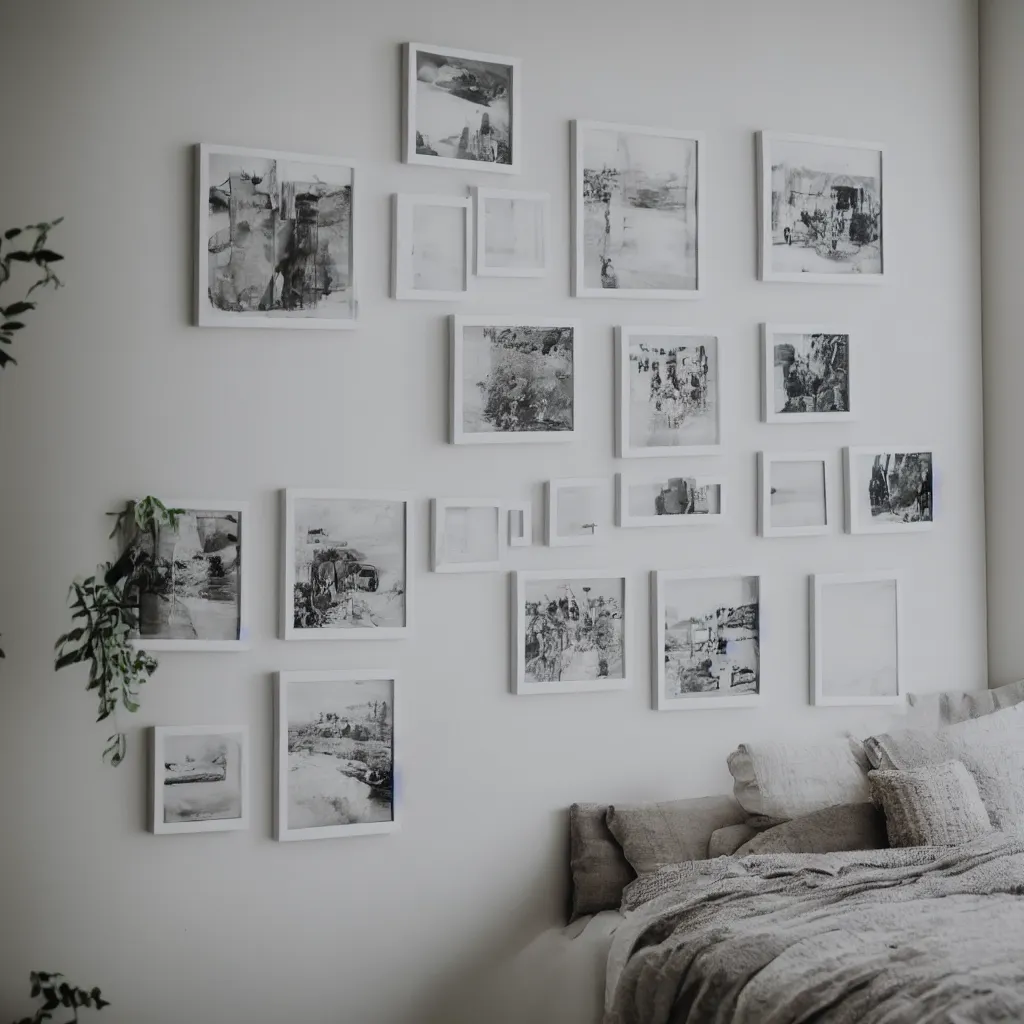 Prompt: three square picture frames on a white wall