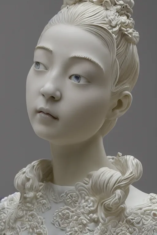 Image similar to full head and shoulders, beautiful female porcelain sculpture, smooth, painted willow tea cup features, delicate facial features, white eyes, white lashes, giant sculpture in ornate french ballroom, by daniel arsham and jeff moons