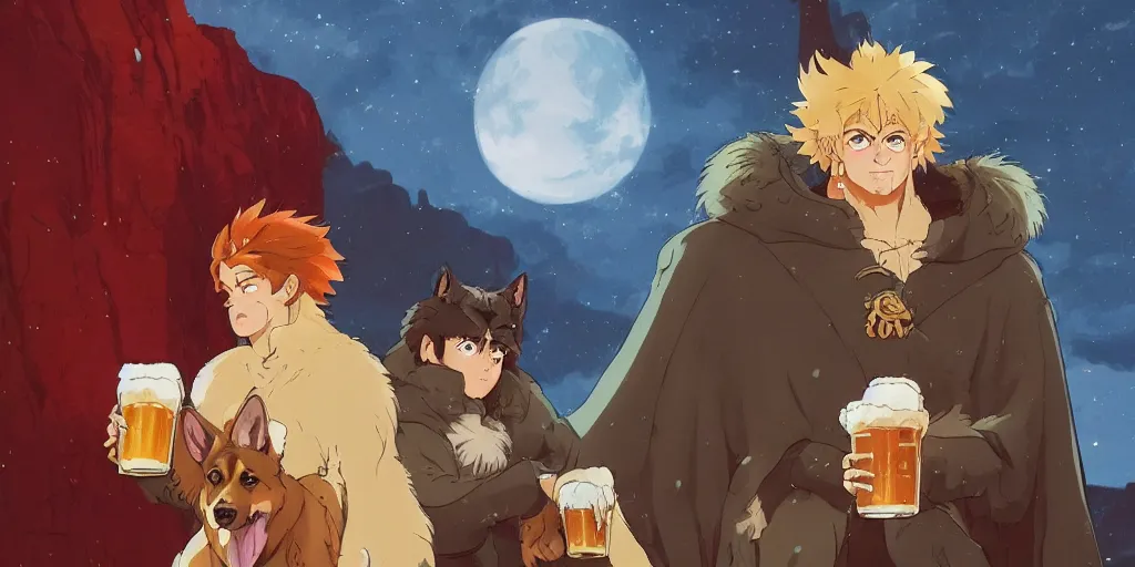 Image similar to a two german shepherds beast - men, holding a mug of beer, a lot of pockets, fur cape, tavern background, magical, bright, colorful, fantastic lighting, amazing details, 4 k uhd, illustration by hayao miyazaki and makoto shinkai and ilya kuvshinov, artstation, pixiv,