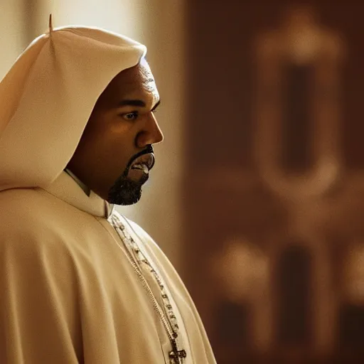 Image similar to kanye west as the pope pope in the vatican ( gears of war battlefield 5 ), splash art, movie still, cinematic lighting, dramatic, detailed face, octane render, long lens, shallow depth of field, bokeh, anamorphic lens flare, 8 k, hyper detailed, 3 5 mm film grain