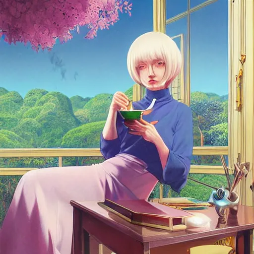 Image similar to Full body portrait of a sorceress sipping tea in her sunlit study, fantasy, digital illustration, exquisitely detailed, Ilya Kuvshinov, Hayao Miyazaki, Kazuma Kaneko