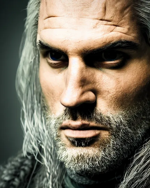 Image similar to portrait of geralt of rivia, 5 5 mm lens, professional photograph, times magazine, serious, stern look