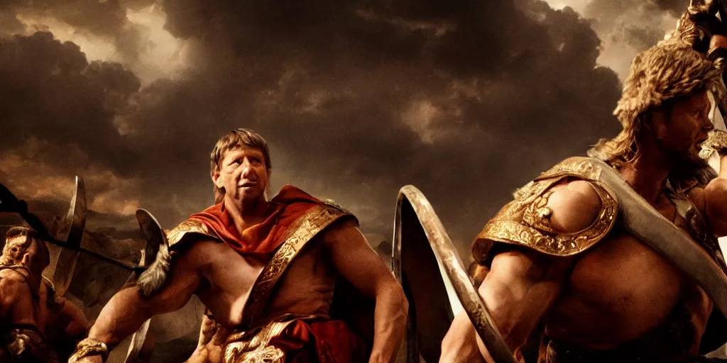 Prompt: bill gates as a glorious buff roman warrior, cinematic, dramatic lighting