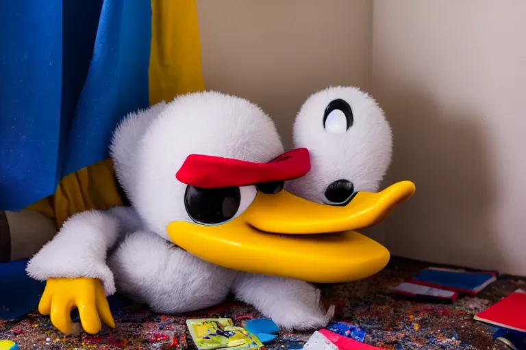 Prompt: donald duck hide in dark corner of messy room, smiling, warm low light, werid core