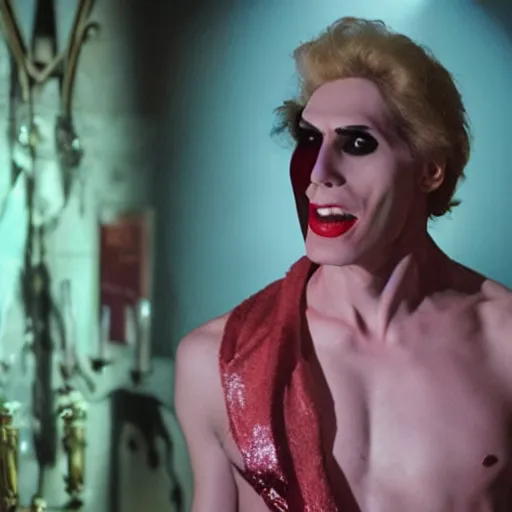 Image similar to Live Action Still of Jerma in The Rocky Horror Picture Show, real life, hyperrealistic, ultra realistic, realistic, highly detailed, epic, HD quality, 8k resolution, body and headshot, film still