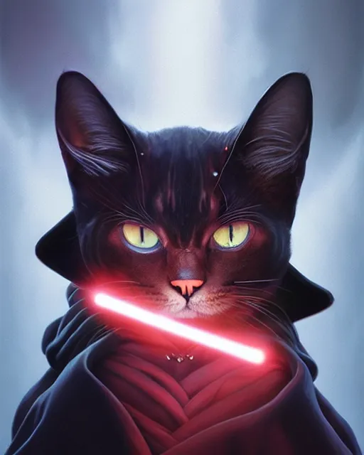 Image similar to highly detailed surreal vfx portrait of a sith cat with black robes, stephen bliss, unreal engine, greg rutkowski, loish, rhads, beeple, makoto shinkai and lois van baarle, ilya kuvshinov, rossdraws, tom bagshaw, alphonse mucha, global illumination, detailed and intricate environment