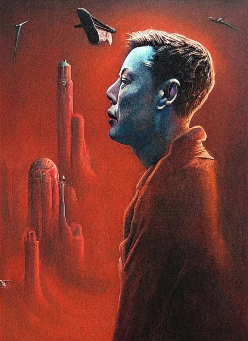 Image similar to A painting of Elon Musk in style of Beksinski. Very detailed