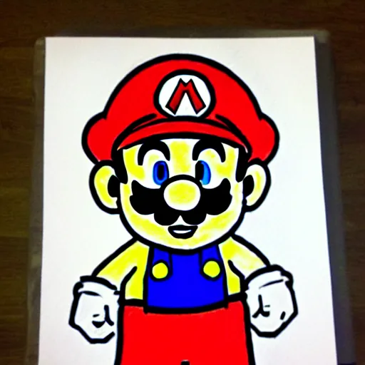 Prompt: child's drawing on mario from super mario brothers, crayon