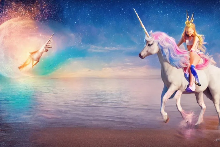 Prompt: sailormoon riding a unicorn on a beach, photograph, realistic, landscape, 4k