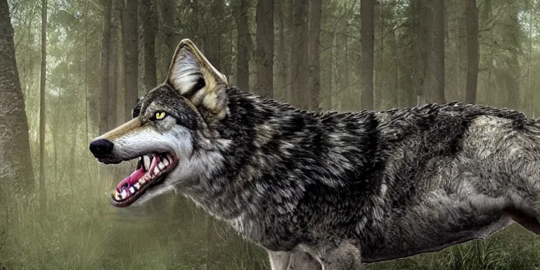 Image similar to chimera made of a wolf and a crocodile, awarded on pixiv, trending on deviantart, headshot, realistic birch wood swamp, professional photoshop utilizing real life photos