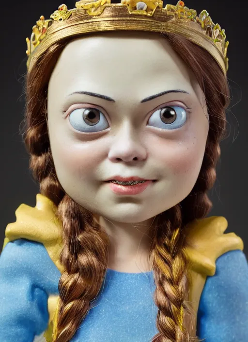 Image similar to closeup face profile portrait of greta thunberg as a tin toy fairytale princess wearing a crown eating cakes, bikini, depth of field, zeiss lens, fashion photoshoot, by nicoletta ceccoli, mark ryden, lostfish, dan decarlo, bob clampett, max fleischer, breathtaking, detailed, hyperrealistic, octane render