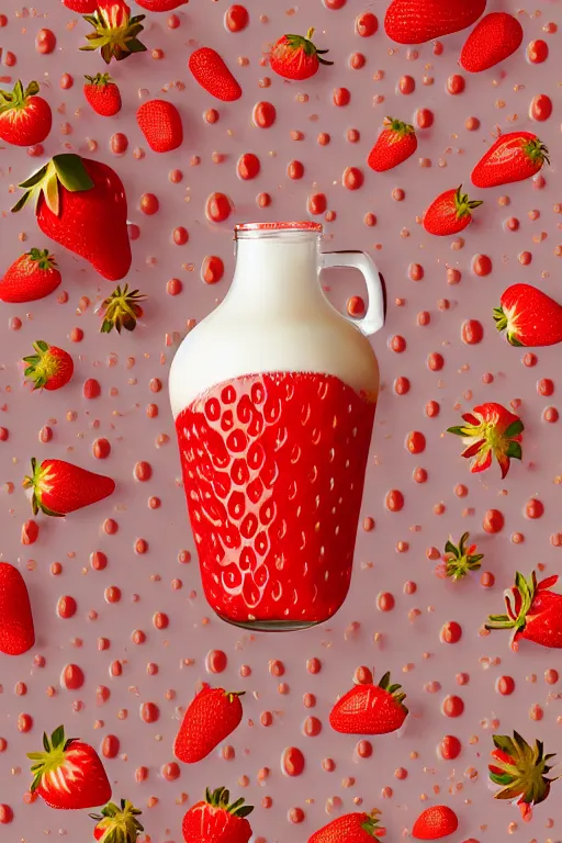 Prompt: a hyperdetailed exquisite delicate strawberry and floating milk fluid poster, milk is floating in the sky fight with strawberries, the milk is not in the bottle, top milk brands, 4 k hd wallpaper illustration, package cover, golden curve composition