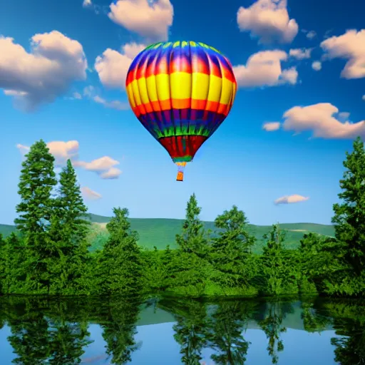 Image similar to A 3D render of a rainbow colored hot air balloon flying above a reflective lake