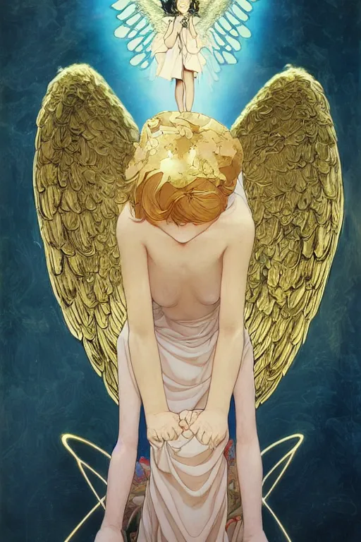 Image similar to prompt : angel women with golden wings soft light painted by james jean and katsuhiro otomo and erik jones, inspired by akira anime, smooth face feature, intricate oil painting, high detail illustration, sharp high detail, manga and anime 1 9 9 9