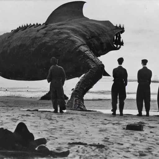 Image similar to 1940s photo, long shot, 5 soldiers looking at a huge creature washed up on a beach