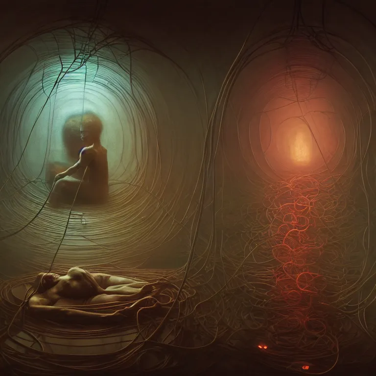 Image similar to beautiful man in spaceship interior covered with tubes wires by beksinski, soft bloom glow lucid dream - like atmosphere, baroque painting, perfect composition, detailed octane render trending on artstation, 8 k artistic photography, volumetric cinematic perfect light, chiaroscuro, masterpiece, raphael, caravaggio, beksinski, rutkowski, beeple