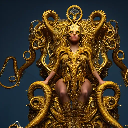 Prompt: a photo of 8k ultra realistic corrupted lovecraftian golden queen on her oversized throne, 8 intricate white and gold tentacles, ornate, cinematic lighting, trending on artstation, 4k, hyperrealistic, focused, high details, unreal engine 5, cinematic, masterpiece