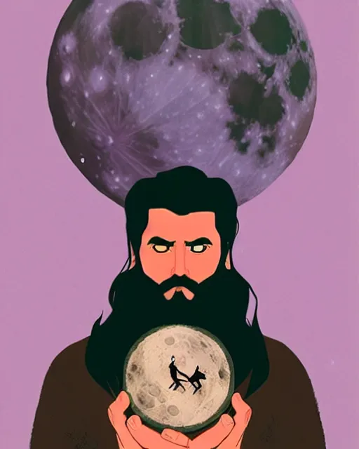 Prompt: portrait of a man with long black hair and beard holding a bird in his hands, full moon in the background, fine portrait, beautiful, concept art, by tomer hanuka, by alex vermeer