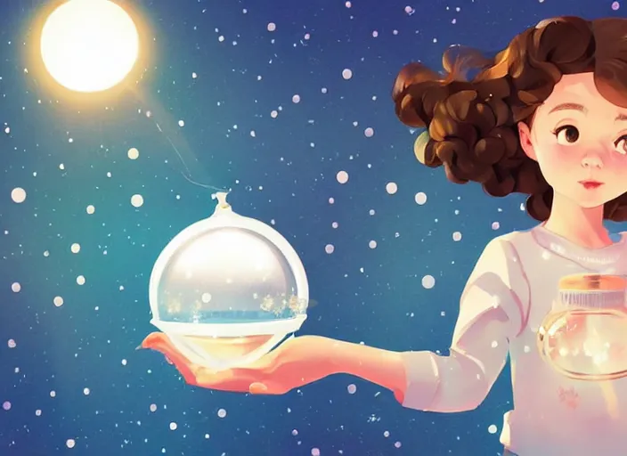 Image similar to little girl with short wavy curly light brown hair holding a snow globe. clean cel shaded vector art. shutterstock. behance hd by lois van baarle, artgerm, helen huang, by makoto shinkai and ilya kuvshinov, rossdraws, illustration, art by ilya kuvshinov