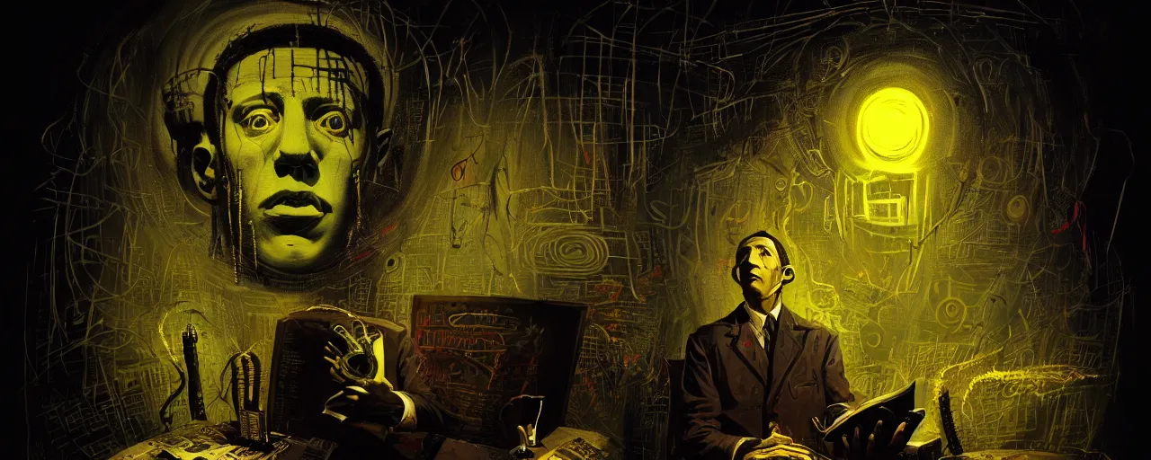 Image similar to dark scifi illustration 3 / 4 portrait of hp lovecraft reading necronomicon. cinematic lighting mad scientist style. golden ratio accidental renaissance. in the style of jean michel basquiat. graffiti art, scifi, fantasy, hyper detailed. octane render. concept art. trending on artstation