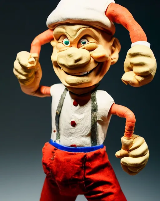 Image similar to an papier mache popeye by will kurtz, realistic, very detailed, complex, intricate, studio lighting, bokeh, sigma 5 0 mm f 1. 4