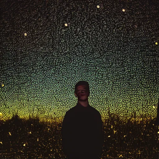 Prompt: man portrait surrounded by fireflies, 8 k photography