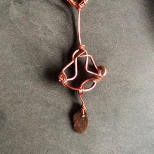 Image similar to beautiful but simple amulet made from equal parts sandstone and dirtstone, bound together by copper wire