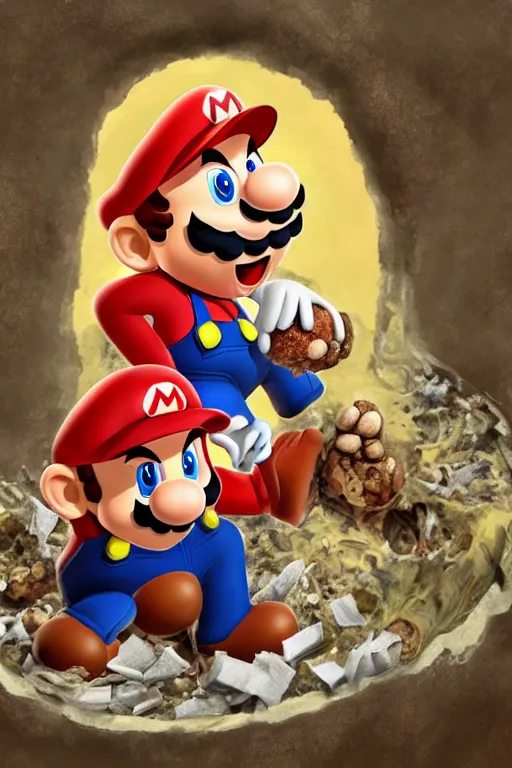 Prompt: mario eating toad in the style of saturn devouring his son, canvas painting, digital art, crumbling plaster, extremely detailed, photoshop, trending on artstation