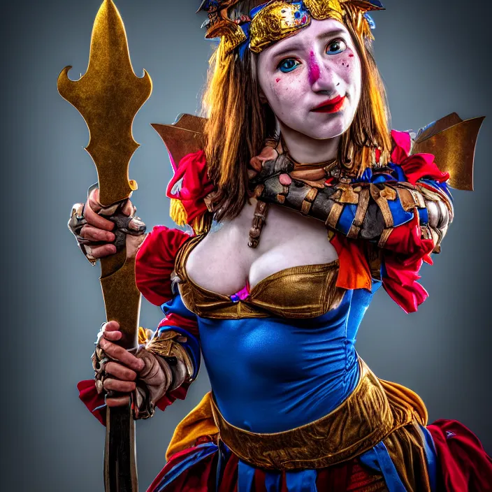 Image similar to photo of a real - life cute beautiful female jester warrior, 8 k, hdr, smooth, sharp focus, high resolution, award - winning photo