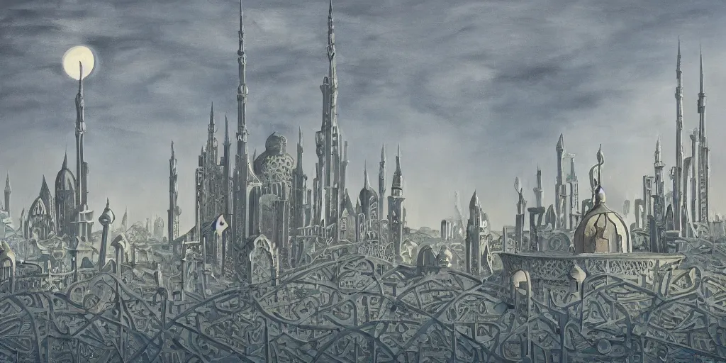 Prompt: a beautiful painting of islamic architecture, city landscape, islamic architecture, louis kahn, fantasy, futuristic, by yves tanguy, trending on artstation